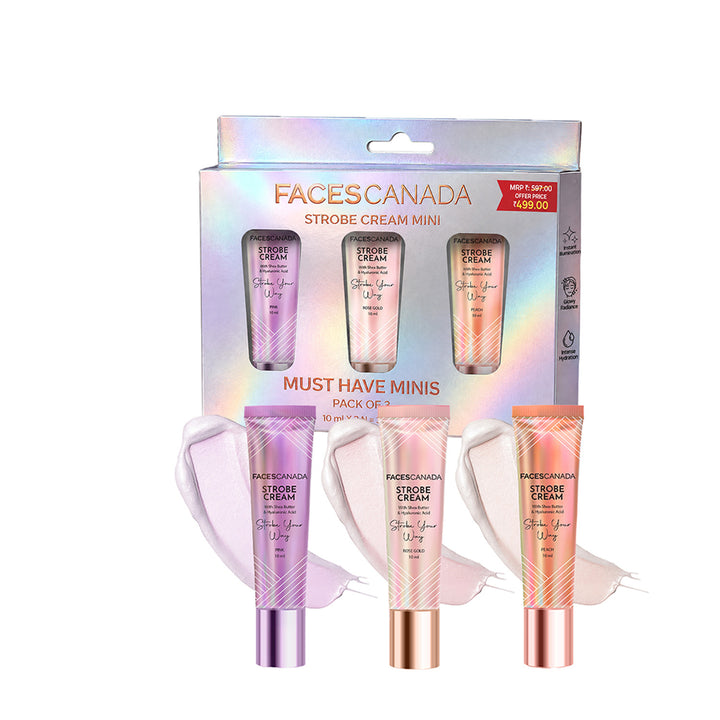 Faces Canada Strobe Cream Mini - Pack of 3 - Rose Gold 10 ml, Pink 10 ml & Peach 10 ml